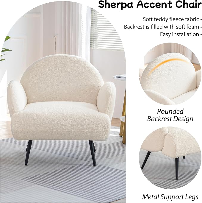 Accent Chair White with Black Metal Legs,Reading Chair for Bedroom Comfy, Boucle Sherpa Chair for Living Room, Bedroom