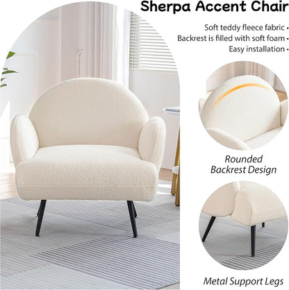 Accent Chair White with Black Metal Legs,Reading Chair for Bedroom Comfy, Boucle Sherpa Chair for Living Room, Bedroom
