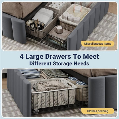 Allewie Full Size Platform Bed Frame with 4 Large Storage Drawers, Velvet Vertical Channel Tufted Upholstered Bed Base, Wooden Slats Support, Noise-Free, No Box Spring Needed, Easy Assembly, Grey