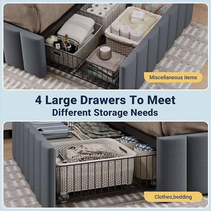 Allewie King Size Platform Bed Frame with 4 Large Storage Drawers, Velvet Vertical Channel Tufted Upholstered Bed Base, Wooden Slats Support, Noise-Free, No Box Spring Needed, Easy Assembly, Grey