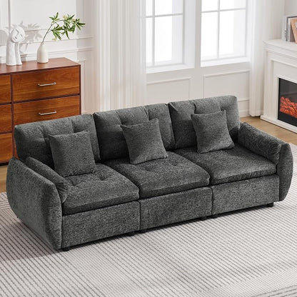 84" Modular Cloud Sofa, Deep Seat Tufted Chenille 3-Seater Sectional Couch with Curved Arms, Comfy Sofas for Living Room, Dark Grey