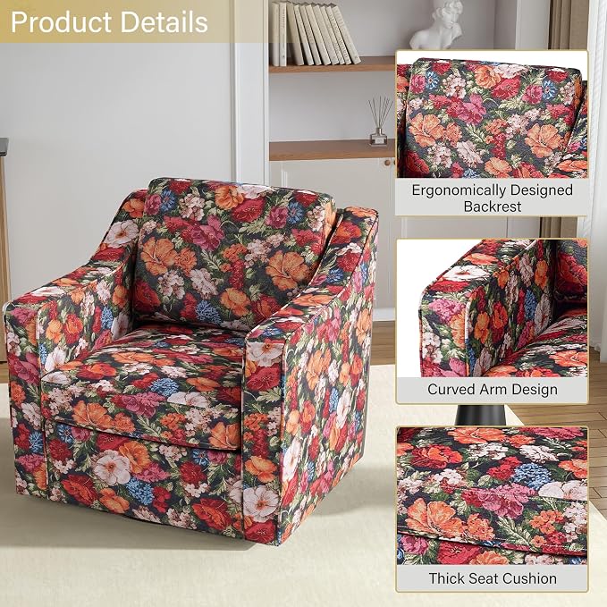 Swivel Accent Chair, 360° Swivel Upholstered Club Armchairs for Living Room, Comfy Fabric Single Sofa Reading Chair with Deep Seat, Metal Swivel Base, Black Floral