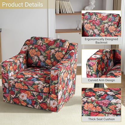 Swivel Accent Chair, 360° Swivel Upholstered Club Armchairs for Living Room, Comfy Fabric Single Sofa Reading Chair with Deep Seat, Metal Swivel Base, Black Floral