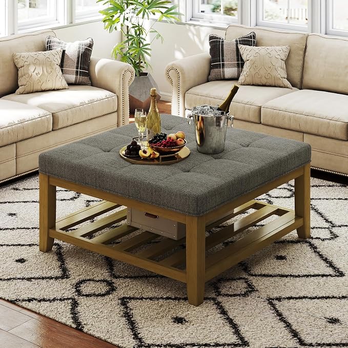 Befurtori Large Square Ottoman Coffee Table, Linen Solid Upholstered Footrest Ottoman with Solid Wood Shelf Storage Tufted Coffee Table for Bedroom Living Room, Granite