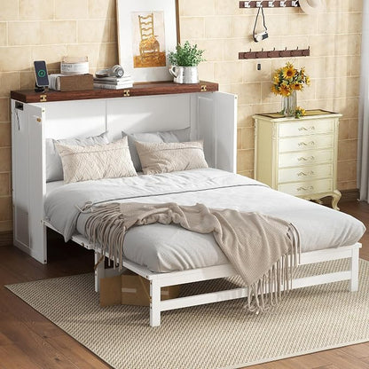 PVWIIK Full Murphy Bed with Storage Drawer,Solid Pine Murphy Foldable Bedframe for Home Office, Studio or Guest Room,Multi-Functional Cabinet Bed Frame,White-Walnut