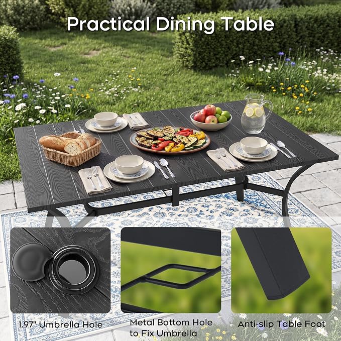 Outdoor Dining Set for 6, Patio Table and Chairs Set with 1.97'' Umbrella Hole, 7pcs Patio Furniture Set 63”x37.8” Black Dining Table Set for Porch Deck Backyard Pool