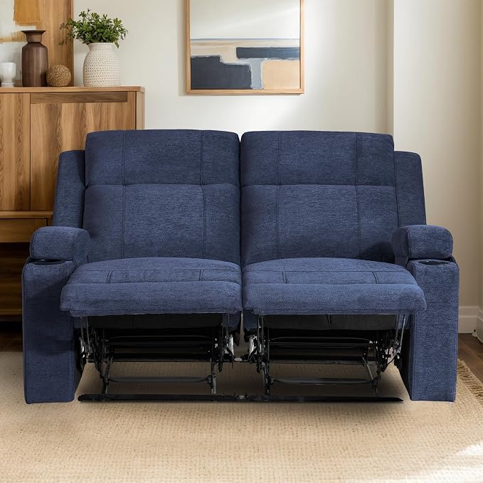 55" RV Loveseat Recliner – Space-Saving Double Reclining RV Sofa, Compact Theater Seating with Cup Holders & Storage Pocket, Blue Chenille Couch for Camper, Motorhome & Home Theater