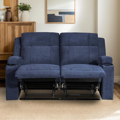55" RV Loveseat Recliner – Space-Saving Double Reclining RV Sofa, Compact Theater Seating with Cup Holders & Storage Pocket, Blue Chenille Couch for Camper, Motorhome & Home Theater