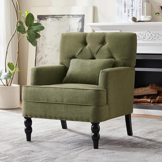 HUIMO Accent Chair for Living Room, Tufted Upholstered Club Chair with Lumbar Pillow, Vintage Reading Armchair with Solid Wood Legs for Bedroom Apartment, Olive Green