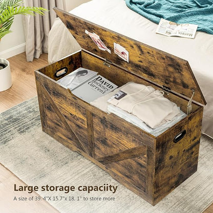 39.4"Storage Chest, Storage trunk with safety Hinges, Wooden Storage Bench, Shoe Bench,Easy Assembly,39.4"L x 15.7"W x 18.9"H,storage bench for bedroom end of bed,for Entryway (Rustic Brown)
