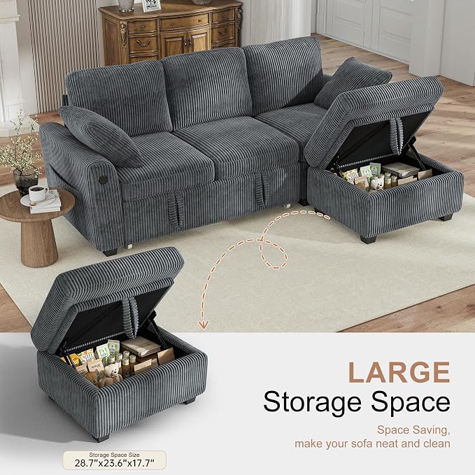 Hanherry 81" Sectional Couch with Pull Out Sofa Bed,Corduroy Sleeper Sofa with Storage Ottoman & USB Charging,Comfy L Shaped Modular Couches for Living Room,Apartment