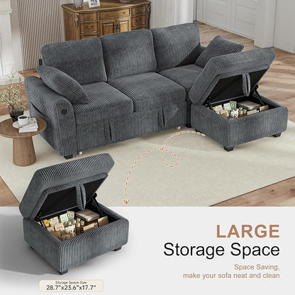 Hanherry 81" Sectional Couch with Pull Out Sofa Bed,Corduroy Sleeper Sofa with Storage Ottoman & USB Charging,Comfy L Shaped Modular Couches for Living Room,Apartment