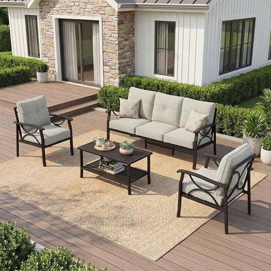RoyalCraft Outdoor Patio Furniture Set, 5 Seats Outdoor Patio Set with 4" Thick Cushion, All-Weather Metal Patio Sofa with Coffee Table, Outdoor Sectional Furniture for Porch Backyard, Khaki&Beige