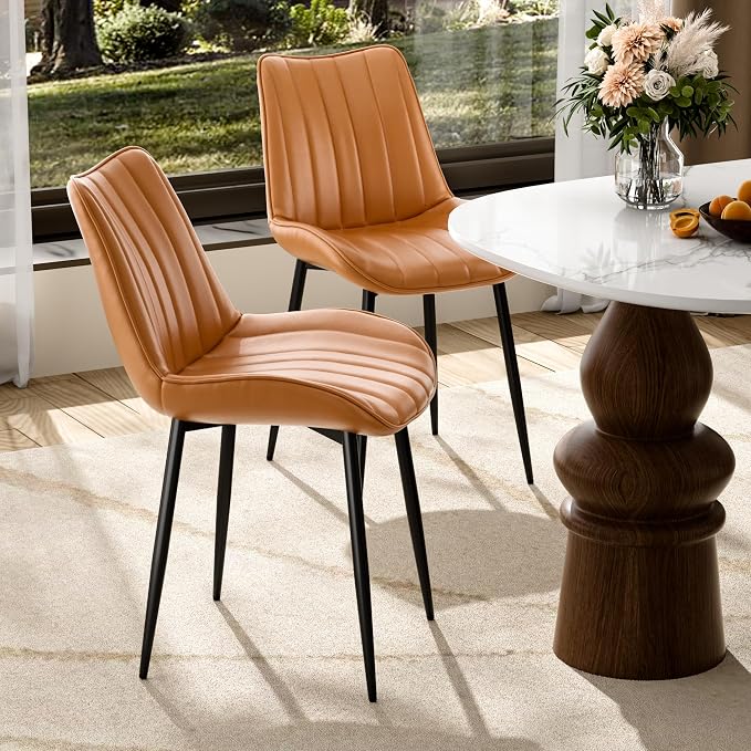 VECELO Dining Chairs Set of 2, Vegan Leather Fabric & Metal Frame, Mordern Style for Kitchen, Living Room,Offcie, Brown