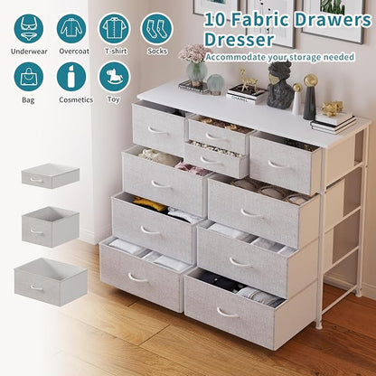 LUMTOK 10-Drawer Dresser, Fabric Storage Tower with Drawers for Bedroom, Dresser Drawer with Handle for Bedroom, Living Room, Hallway, Closets & Nurseryteel Frame, Wood Top (Light Grey)