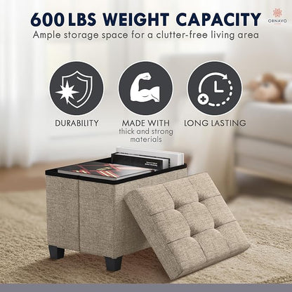 Ornavo Home Storage Ottoman Small Rectangle Ottoman with Legs, Foot Rest Stool Seat, Load up to 600 LB, for Living Room, Bedroom, Home Office, Dorm - 12 x 16 x 12, Tan