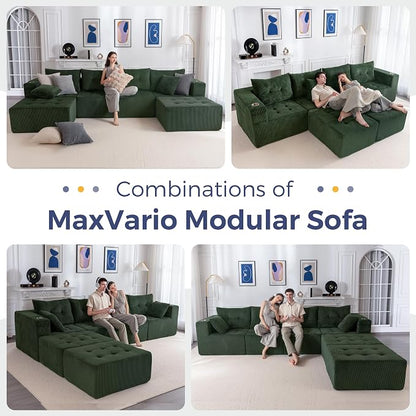 MAXYOYO 129.5" Modular Sectional Sofa Couch, U Shaped Modern Cloud Couch, Sofa in A Box, Tufted 6-Seat Boneless Lounger for Living Room, No Assembly Required, Dark Green