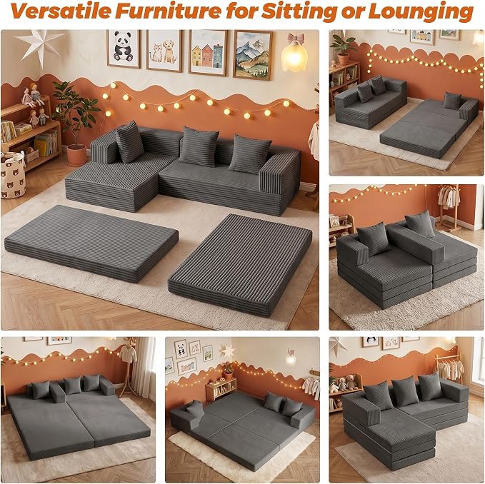 6-in-1 Tri-Folding Mattress | Cloud Boneless L-Shaped Modular Sectional Couches | Corduroy Pet-Friendly Convertible Futon Sofa Bed with 800LB Capacity Apartment, Guest Room, Game Room