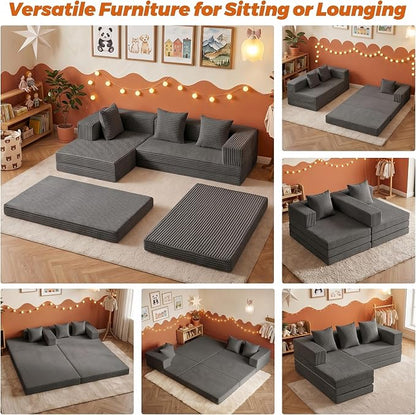 6-in-1 Tri-Folding Mattress | Cloud Boneless L-Shaped Modular Sectional Couches | Corduroy Pet-Friendly Convertible Futon Sofa Bed with 800LB Capacity Apartment, Guest Room, Game Room