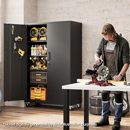 Metal Garage Storage Cabinet with Locking Doors and Adjustable Shelves, Wide & Deep Garage Cabinet on Wheels, 71" Rolling Tool Cabinet for Garage, Basement, Home Office