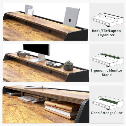 CubiCubi Standing Desk 55x26 Inches with 3 Wood Drawers and Monitor Shelf, Ergonomic Rising Home Office Desks, Height Adjustable Computer Desk, Sit Stand Up Electric Workstation Table, Antique Brown