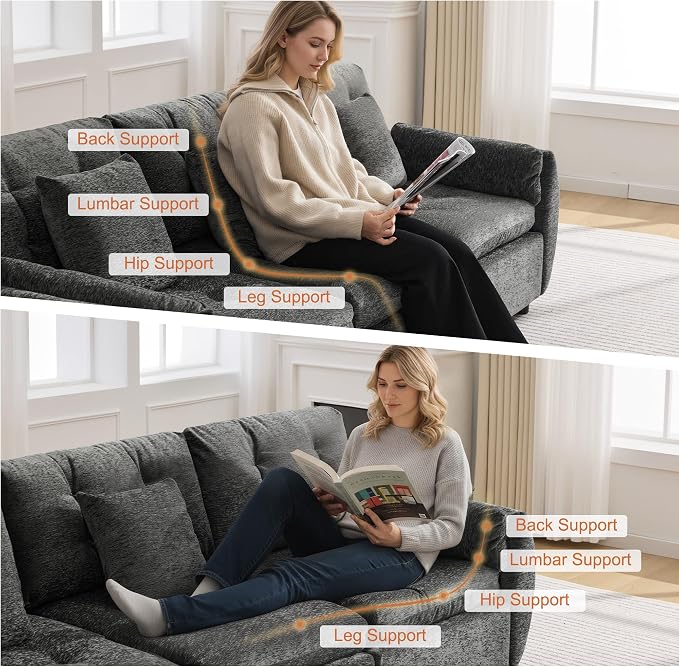 57" Modular Loveseat Cloud Sofa, Deep Seat Tufted Chenille Sectional Love Seat Couch with Curved Arms, 2-Seater Couches for Living Room, Dark Grey
