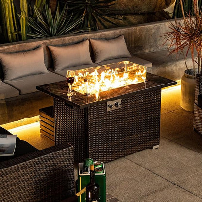 GDFStudio 44" Propane Fire Pit Table 50000 BTU Outdoor Gas Firepit with Ceramic Tile Top & Wicker Base Rectangular Fire Table with Wind Guard Lid & Cover for Patio Deck Garden, Grey Top & Brown Frame