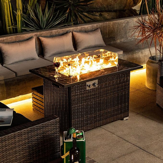 GDFStudio 44" Propane Fire Pit Table 50000 BTU Outdoor Gas Firepit with Ceramic Tile Top & Wicker Base Rectangular Fire Table with Wind Guard Lid & Cover for Patio Deck Garden, Grey Top & Brown Frame
