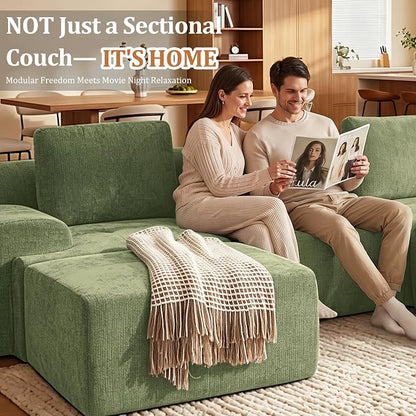 122" U Shaped Oversized Boneless Couch, Comfort Cloud Sectional Couches for Living Room, Modular Sofa High Back & Extra Deep Seat, No Assembly, Chenille(Olive Green, 122 inch-U Shaped（3+2）)