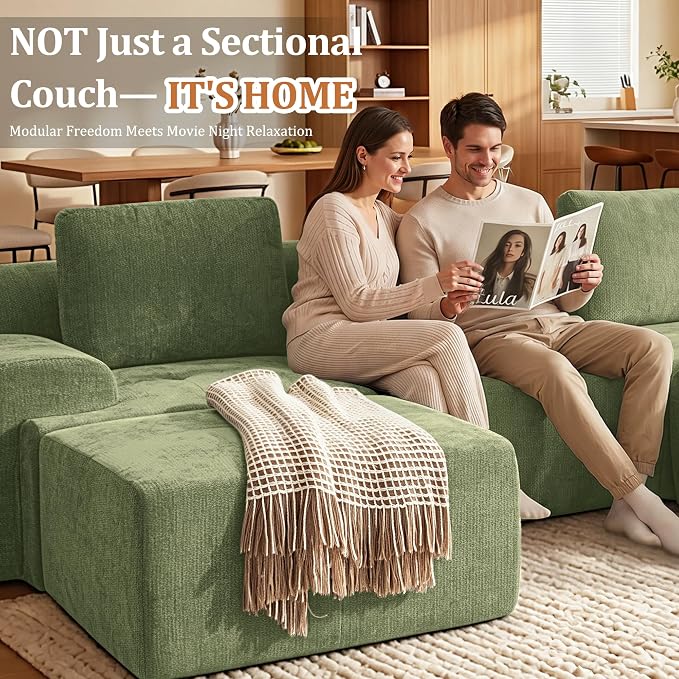 159" Oversized Boneless Couch, Comfort Cloud Sectional Couches for Living Room, Modular Sofa High Back & Extra Deep Seat, No Assembly, Soft Chenille Fabric (Olive Green, 159 inch-（4+0）)