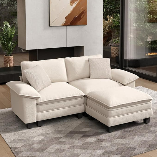 HERA'S HOUSE 88" Modular Sectional Sofa, L Shaped Couches for Living Room, Comfy Cloud Couch with Ottoman, 3-Seater Deep Seat Sofa with Throw Pillow, Chenille Beige