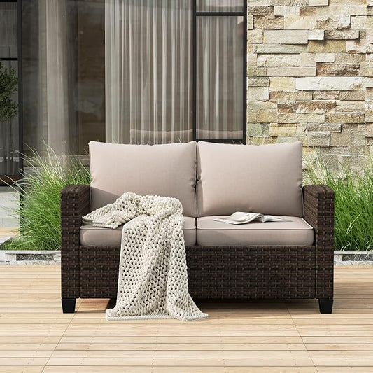 HERA'S HOUSE Outdoor Loveseat Patio Sofa, 2-Seat Wicker Couch with Waterproof Thick Cushions, Deep Seating Furniture for Garden Porch Backyard, Beige