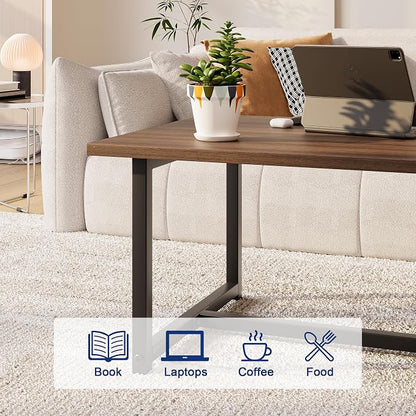 35.4" Rectangular Coffee Table for Living Room, Modern Industrial Style Coffee Table Center Table with Metal Frame for Small Space, Apartment, Office, Easy Assembly, Walnut
