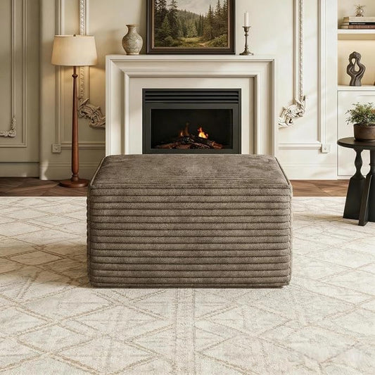 JINGLING 25.6 Inch Plush Corduroy Ottoman, Modular Sectional Foot Rest for Living Room, Upholstered Cloud Ottoman for Boneless Couch in a Box, Compressed Memory Foam, No Assembly Require, Camel