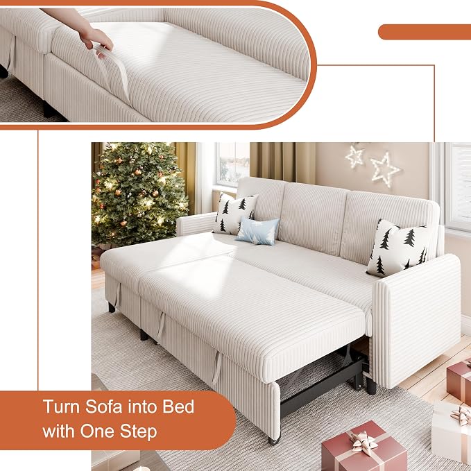 Vongrasig Pull Out Couch with Storage, 77" Sectional Sleeper Sofa, 2 in 1 L-Shaped Sofa Bed with Storage Chaise Corduroy Fabric for Living Room, Apartment, Small Space, White