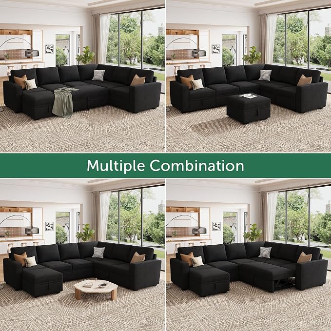 HONBAY Modular Sectional Sleeper Sofa with Pull Out Bed, L Shaped Couch with Storage Seat, Modular Sectional Couches for Living Room - Black