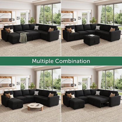 HONBAY Modular Sectional Sleeper Sofa with Pull Out Bed, L Shaped Couch with Storage Seat, Modular Sectional Couches for Living Room - Black