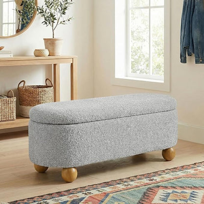 VKNOW 44.8" Storage Ottoman Bench End of Bed Bench, Thickened Upholstered Blanket Chest for Living Room, Entryway Bench with Cute Spherical Solid Wood Stool Legs for Bedroom, Grey