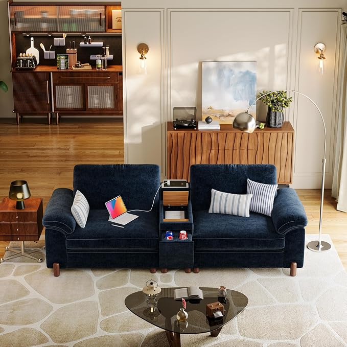 SITJOY Large Cloud Couch, 100" Wide Loveseat Sofa, Chenille in Navy Blue | Detachable and Washable Chenille Cover Sectional Sofas for Living Room, Deep Seat Wide Couch with Cuphoders