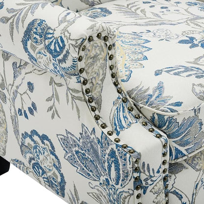 High Back Floral Accent Chairs Set of 2, Upholstered Armchair in Fabric, Retro Printed Wingback Arm Chair for Living Room, Nailhead Trim Single Sofa Bedroom Reading Seat - Plants Blue