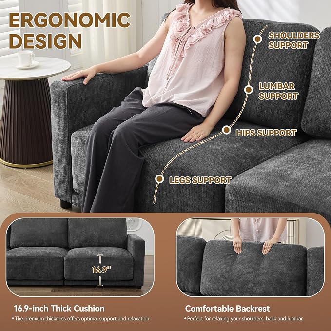 110.6" L Shaped Sectional Sofa, Modular Cloud Deep Seat Couch with Movable Ottoman, Oversized Thicked 4-Seats Sofas for Living Room, Chenille Grey