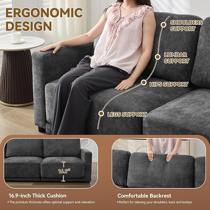 143.8" Modular Sectional Sofa Modern Chenille U Shaped Couch with Thickened Seat Cushions, Easy Assembly, Upholstered 6 Seater Couch with 2 Movable Ottomans for Living Room, Grey