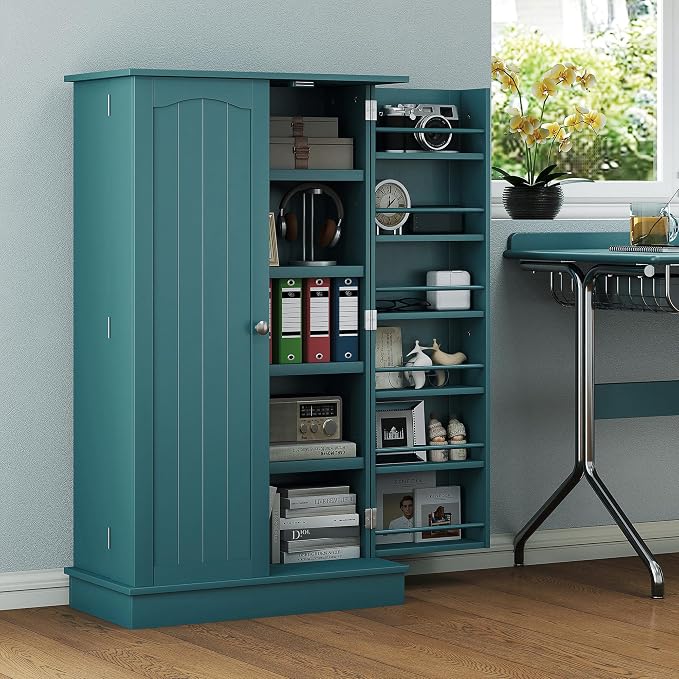 HOMCOM 41" Kitchen Pantry Storage Cabinet, Freestanding Kitchen Cabinet with 12 Door Shelves, Double Doors, 5-Tier Shelving and Adjustable Shelves, Blue