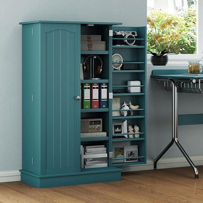 HOMCOM 41" Kitchen Pantry Storage Cabinet, Freestanding Kitchen Cabinet with 12 Door Shelves, Double Doors, 5-Tier Shelving and Adjustable Shelves, Blue