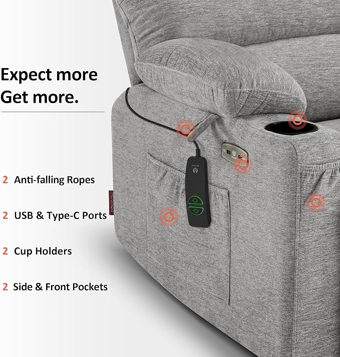 MCombo Power Lift Recliner Chair for Elderly, Lift Chair with Heat and Massage, USB &Type C Ports, Cup Holders, Fabric 7095 (Medium, Grey)