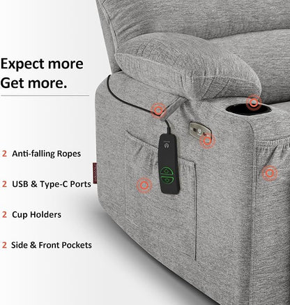 MCombo Power Lift Recliner Chair for Elderly, Lift Chair with Heat and Massage, USB &Type C Ports, Cup Holders, Fabric 7095 (Medium, Grey)