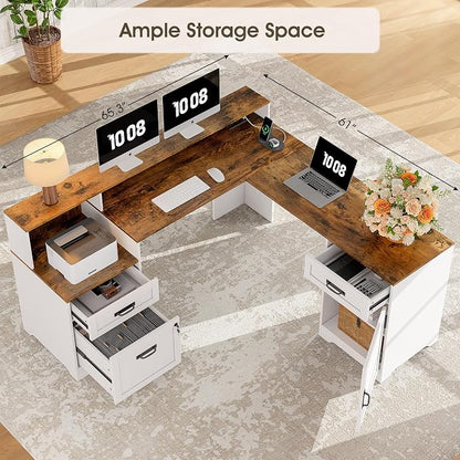 Whalefall 63'' Farmhouse L Shaped Desk with Monitor Stand Shelves, White | Corner Computer Desk with Drawers, Executive Home Office L Desk with File Cabinet Storage and Charging Station