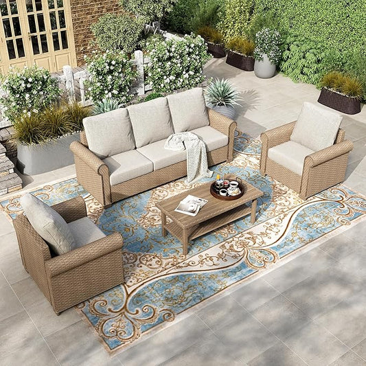 HERA'S HOUSE Patio Furniture Set, 4 x Cushioned Chairs, 3-Seat Sofa with Wood Grain Coffee Table, 5 Seats Luxury Windsor Style All Weahter Outdoor Sofa Conversation Set for Deck Lawn Backyard