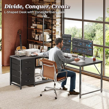 PRAISUN 53" L Shaped Desk with Power Outlets & USB-C Port, Reversible Computer Corner Office Desk with 4 Fabric Drawers and 2 Storage Shelves, Large Desk for Gaming Writing Work Study, Grey