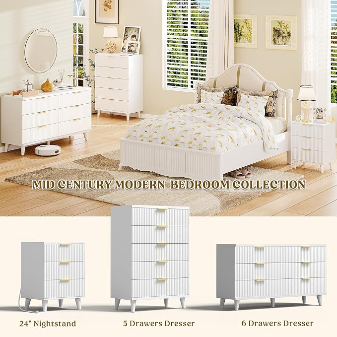 Lulive Modern Dressers and Nightstands Set 4-Piece, 6-Drawer Dresser + 2 Night Stands + 5 Drawers with Charging Station Modern Bedroom Sets Solid Wood Legs White